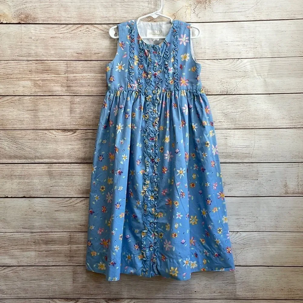 VINTAGE STRASBURG RUFFLE‎ FRONT DRESS IN BLUE FLORAL PRINT